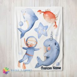 Awesome Official Sea's Treasures Narwhal Dolphin Crab Starfish Scuba Divers Blanket Fleece Customized Blanket