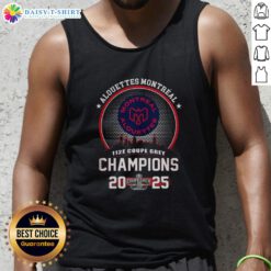 Stylish tank top featuring the Montreal Alouettes 112E Grey Cup Champions 2025 design with city skyline backdrop.
