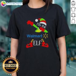 Alt Text: Merry Christmas ladies tee featuring a playful dabbing elf design from Walmart, perfect for holiday celebrations.