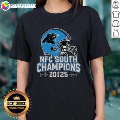 Awesome Carolina Panthers NFC South 2025 Champions helmet on a stylish ladies tee, perfect for Panthers fans.