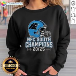 Alt Text: Awesome Carolina Panthers NFC South 2025 Champions helmet sweatshirt featuring team colors and logo design.