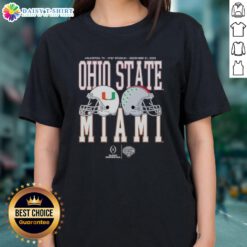 Miami Hurricanes vs. Ohio State Buckeyes 2025 Cotton Bowl Classic Ladies Tee showcasing team logos and vibrant design.