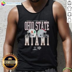 Awesome Cotton Bowl Classic 2025: Miami Hurricanes vs. Ohio State Buckeyes tank top featuring team logos and vibrant design.