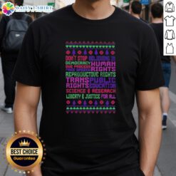 Awesome 'Don't Stop Believing in Democracy' Christmas T-Shirt promoting free speech and human rights.
