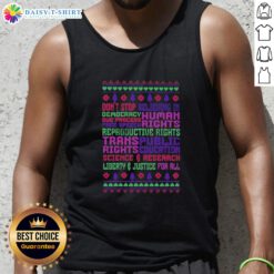 Awesome Christmas tank top featuring 'Don't Stop Believing in Democracy' with symbols of free speech and human rights.