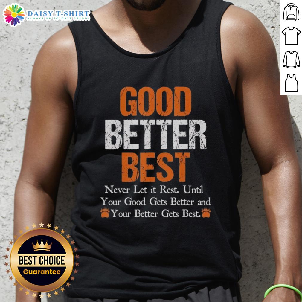 Vintage Chicago Bears tank top featuring 'Awesome Good Better Best Never Let It Rest' motivational quote design.