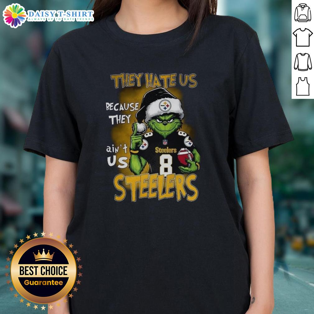 Awesome Grinch Santa Hat tee for Pittsburgh Steelers fans, perfect for Christmas celebrations and NFL pride.