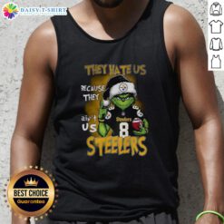 Awesome Grinch Santa Hat tank top for Pittsburgh Steelers fans, featuring 'They Hate Us Because They Ain't Us' slogan.