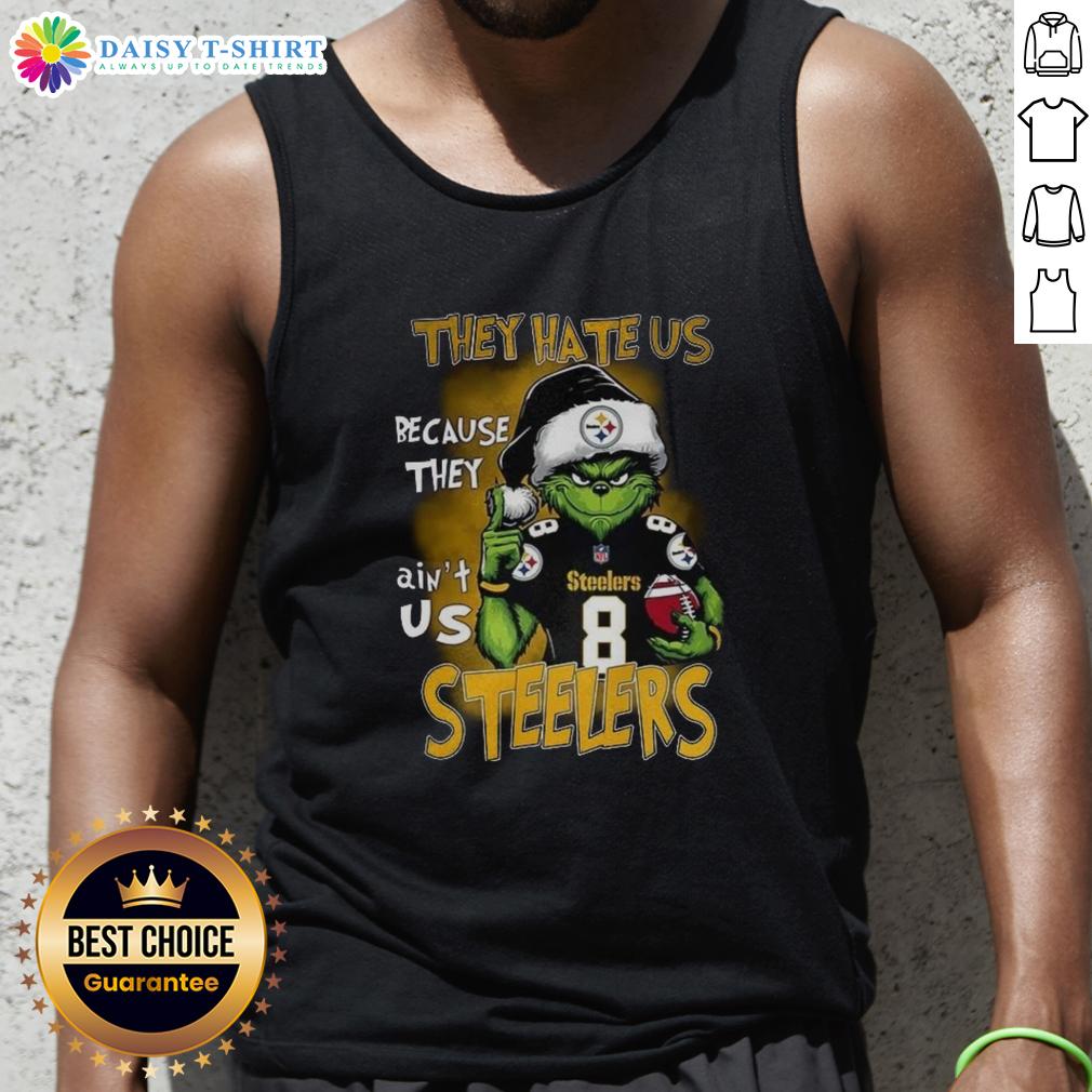 Awesome Grinch Santa Hat tank top for Pittsburgh Steelers fans, featuring 'They Hate Us Because They Ain't Us' slogan.