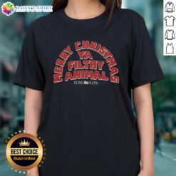 Awesome Home Alone Merry Christmas Ya Filthy Animal ladies tee featuring a festive design and playful holiday spirit.