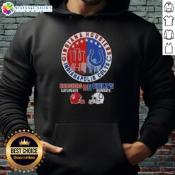 Alt Text: Awesome Indiana Hoosiers hoodie featuring football helmets and Indianapolis skyline, perfect for game day.