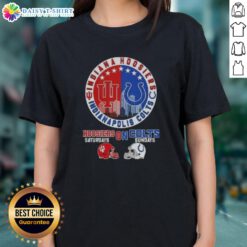 Awesome Indiana Hoosiers and Indianapolis Colts football helmets with skyline, perfect for ladies' tee lovers.