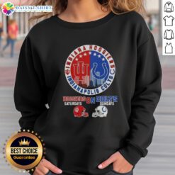 Awesome Indiana Hoosiers sweatshirt featuring football helmets and Indianapolis skyline, perfect for game day.