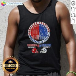 Awesome Indiana Hoosiers tank top featuring football helmets and Indianapolis skyline for game day style.