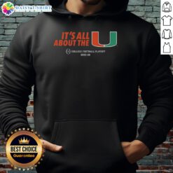 Alt Text: 2025-26 College Football Playoff hoodie featuring Miami Hurricanes logo and vibrant team colors.