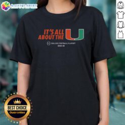 Alt Text: Ladies tee featuring Miami Hurricanes logo for 2025-26 CFP College Football Playoff, perfect for fans.