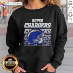 Alt Text: Awesome Los Angeles Chargers football sweatshirt featuring Super Chargers helmet design, perfect for fans.