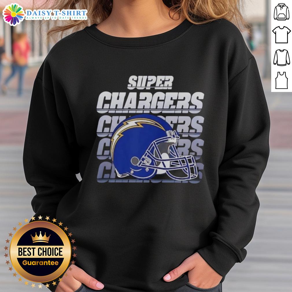 Alt Text: Awesome Los Angeles Chargers football sweatshirt featuring Super Chargers helmet design, perfect for fans.