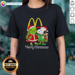 Awesome McDonald's x Grinch and Snoopy Merry Christmas ladies tee featuring festive designs for holiday cheer.