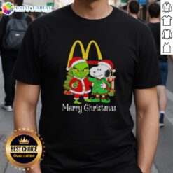 Alt Text: Awesome McDonald's X Grinch and Snoopy Merry Christmas T-Shirt featuring festive designs for the holiday season.