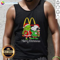 Awesome McDonald's X Grinch and Snoopy Merry Christmas tank top featuring festive designs for holiday celebrations.
