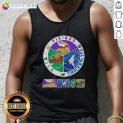 Alt Text: Awesome Minnesota City sports tank top featuring Vikings, Timberwolves, and Wild logos in vibrant colors.