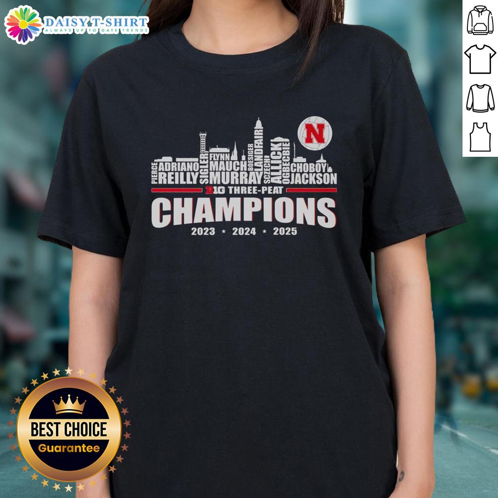 Awesome Nebraska Huskers Big Three-Peat Champions 2025 Ladies Tee showcasing team pride and style in vibrant colors.