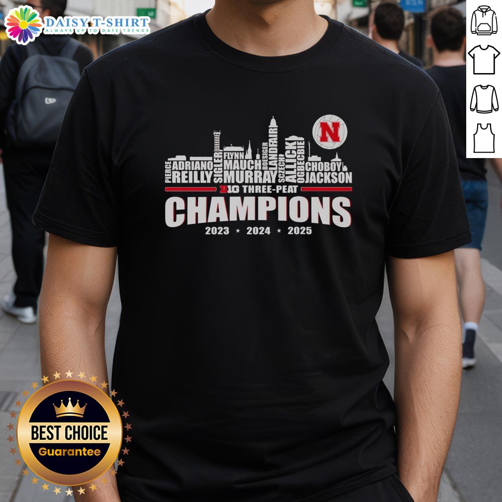 Awesome Nebraska Huskers Big Three-Peat Champions 2025 T-Shirt featuring bold graphics celebrating the Huskers' victory.