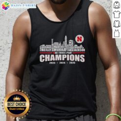 Awesome Nebraska Huskers Big Three-Peat Champions 2025 tank top featuring bold team colors and logo design.