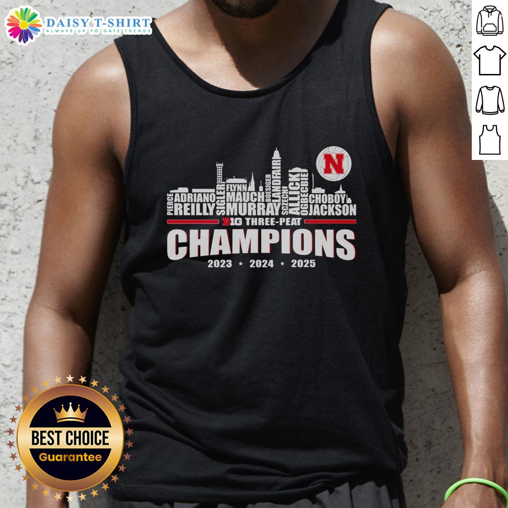 Awesome Nebraska Huskers Big Three-Peat Champions 2025 tank top featuring bold team colors and logo design.