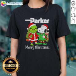 Awesome Parker Hannifin X Grinch and Snoopy Merry Christmas ladies tee featuring festive graphics and vibrant colors.