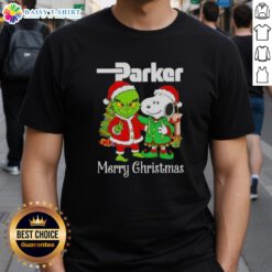 Alt Text: Awesome Parker Hannifin X Grinch and Snoopy Merry Christmas T-Shirt featuring festive graphics for holiday cheer.