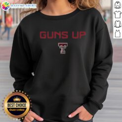Alt Text: Awesome Texas Tech Red Raiders football logo sweatshirt featuring 'Guns Up' rally call design for fans.