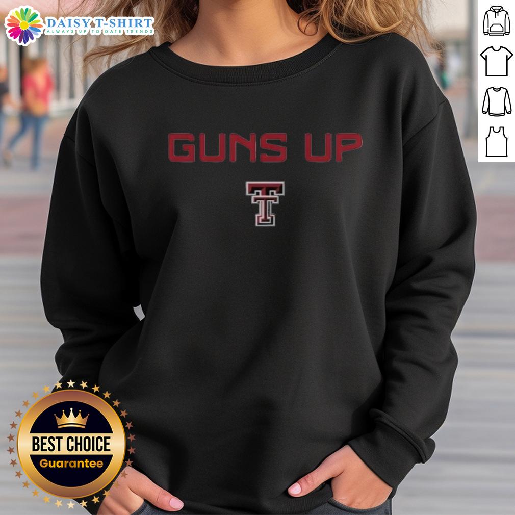 Alt Text: Awesome Texas Tech Red Raiders football logo sweatshirt featuring 'Guns Up' rally call design for fans.
