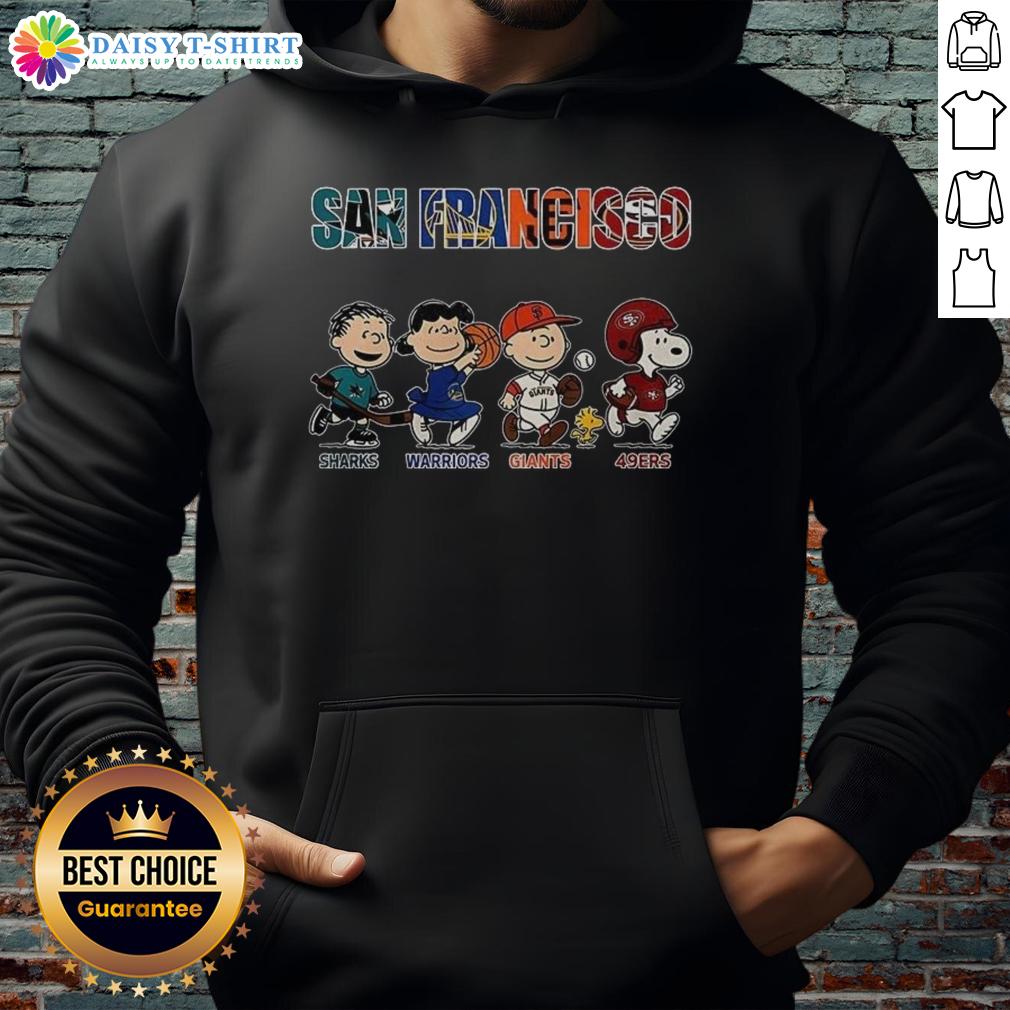 Awesome Peanuts hoodie featuring San Francisco Sharks, Warriors, Giants, and 49ers logos for sports fans.
