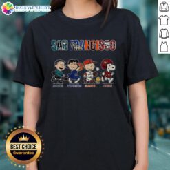 Alt Text: Awesome Peanuts San Francisco Sharks Warriors Giants and 49ers ladies tee showcasing vibrant team graphics.
