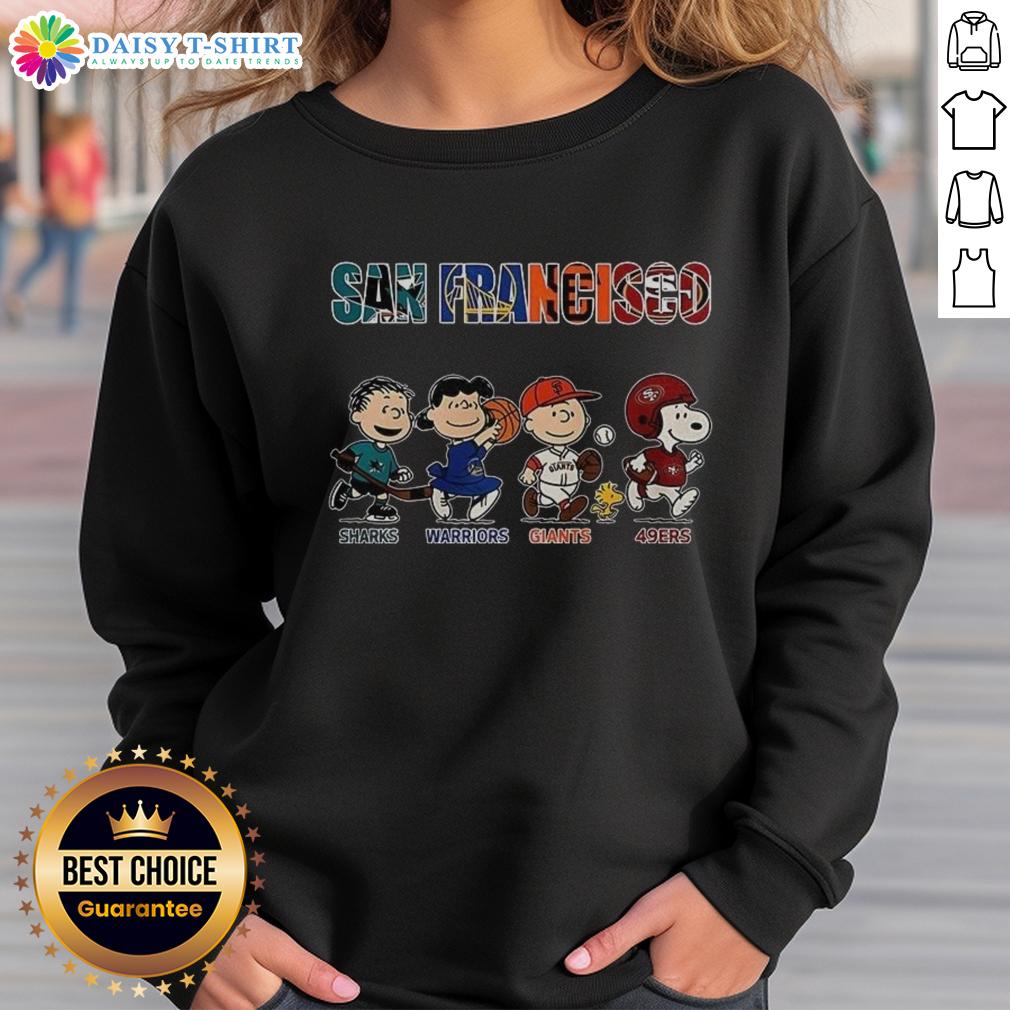 Awesome Peanuts sweatshirt featuring San Francisco Sharks, Warriors, Giants, and 49ers logos in vibrant colors.