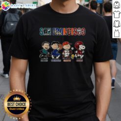 Awesome The Peanuts San Francisco Sharks Warriors Giants and 49ers T-Shirt featuring iconic cartoon characters in team colors.
