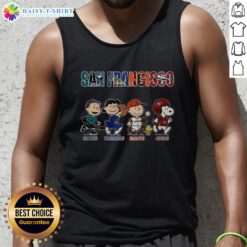 Awesome Peanuts tank top featuring San Francisco Sharks, Warriors, Giants, and 49ers logos in a vibrant design.