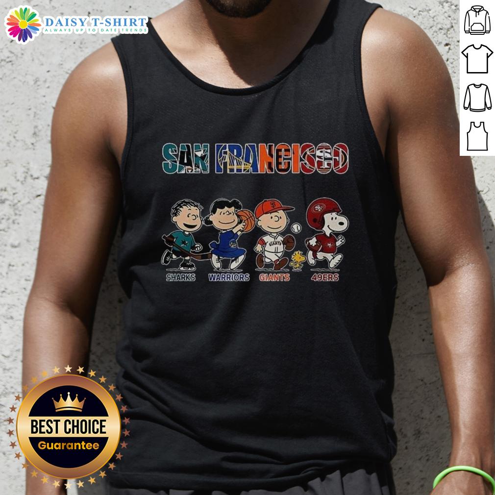 Awesome Peanuts tank top featuring San Francisco Sharks, Warriors, Giants, and 49ers logos in a vibrant design.