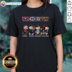 Alt Text: Awesome Peanuts Washington Capitals Wizards Nationals Commanders Ladies Tee with team logos and vibrant colors.