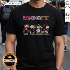Awesome The Peanuts Washington Capitals Wizards Nationals And Commanders T-Shirt featuring iconic characters and team logos.