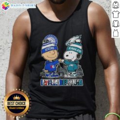 Alt Text: Cute Charlie Brown fist bump with Snoopy, Philadelphia skyline tank top featuring 76ers and Eagles logos.