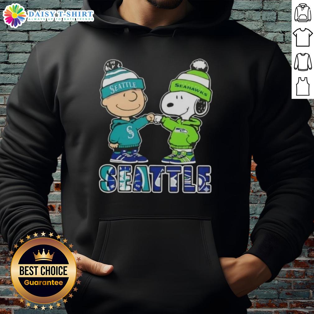 Cute Charlie Brown and Snoopy fist bump in a Seattle hoodie, celebrating city sports with Mariners and Seahawks pride.
