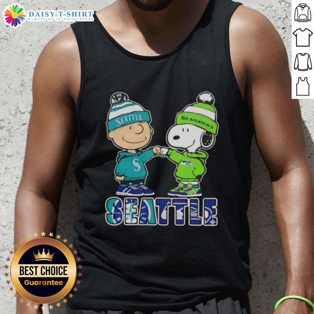 Alt Text: Cute Charlie Brown and Snoopy fist bump in Seattle Mariners and Seahawks tank top, perfect for sports fans.