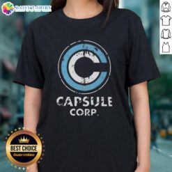 Good Capsule Corp. distressed logo on a Dragon Ball Z ladies tee, perfect for fans of the iconic anime series.