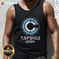 Alt Text: Distressed Capsule Corp. logo on a stylish Dragon Ball Z tank top, perfect for fans of the anime series.