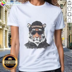 Cincinnati Bengals mascot in a beanie and sunglasses, showcasing a fun ladies tee design for fans.