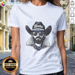 Dallas Cowboys mascot wearing a beanie and sunglasses on a ladies' tee, showcasing team spirit and style.