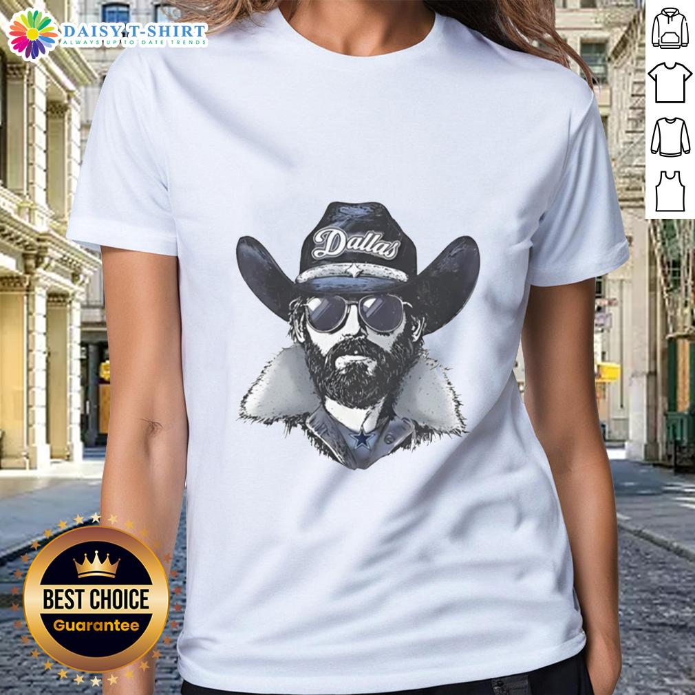 Dallas Cowboys mascot wearing a beanie and sunglasses on a ladies' tee, showcasing team spirit and style.